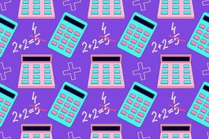 A fun and colorful pattern featuring calculators, math equations, and symbols, perfect for back-to-school themes and educational projects. vector