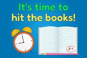illustration with a clock, notebook, and - It is time to hit the books - phrase. Perfect for educational and back-to-school projects. vector