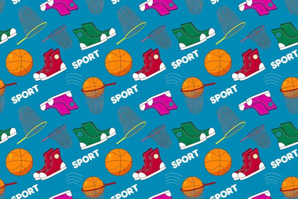 Vibrant pattern featuring sports gear, including basketballs, sneakers, and nets, perfect for back-to-school themes and sportswear designs.