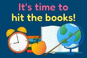 Colorful back-to-school featuring study essentials like books, an alarm clock, and a globe. Perfect for educational projects. vector