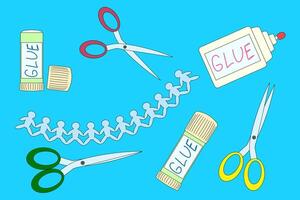 illustration of a comprehensive school craft set featuring scissors, glue, and paper chain cutouts, ideal for educational activities and creative school projects. vector