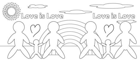 Explore love in every form with this coloring page featuring LGBTQ families under a rainbow, ideal for teaching diversity and acceptance. vector