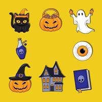 Set of halloween element with hand drawn or flat design on yellow background vector