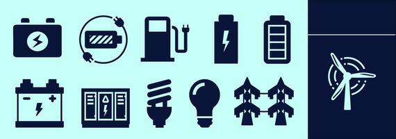 Energy solid icon set for presentation, explanation, marketing. Silhouettes of smart grid, battery, lightbulb, relays and many more. Editable outline, size and color. vector