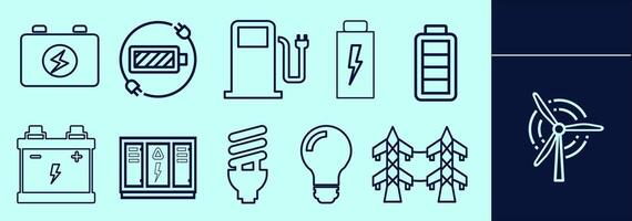 Energy line icon set for presentation, explanation, marketing. Silhouettes of smart grid, battery, lightbulb, relays and many more. Editable outline, size and color. vector