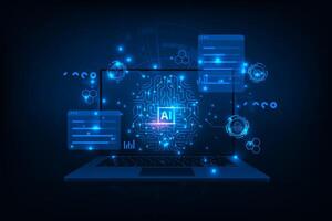 Artificial intelligence chip on a laptop monitor. Abstract digital technology innovation background. vector