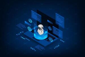 Isometric Artificial intelligence chip on a laptop with robot. Abstract digital technology innovation background. vector