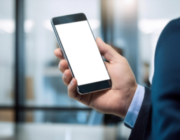 Man Holding Smartphone With Digital Wallet Interface in Modern Office Setting png