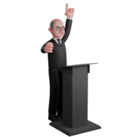 3D Urban Male. A judge stands behind the podium with his left hand pointing upwards. Judge Illustrative png