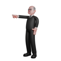 Professional Judge in 3D. A judge stands with his right hand on his waist while his left hand points forward. Man png