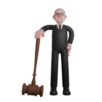 Illustrated of a Male Legal Professional. A judge stands next to a large gavel with his right hand on the gavel while his left hand is on his plate. Judge 3D png