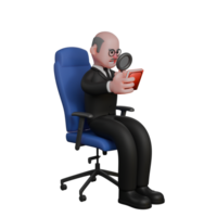 3D Judge Character. a judge sits on a chair with his right hand holding a book while his left hand holds a magnifying glass, this position shows as if he is examining the book. Male Law Enforcer png