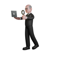 Judge Character 3D. a judge is walking with his right hand holding a laptop while his left hand is holding a magnifying glass. Illustrated Male Magistrate png