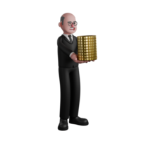 Professional Male Judge in 3D Animation. A male judge is seen standing while his hands are carrying several stacks of gold coins. Judicial png