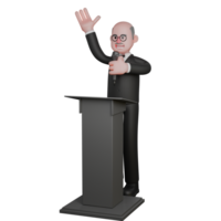 3D Male Judge. A male judge is seen standing behind the podium while talking into a microphone held in his left hand while his right hand is waving upwards. Judicial png