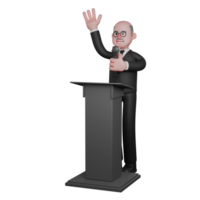 3D Cartoon Court. A judge stands behind a podium holding a microphone in his left hand and his right hand raised upwards. Male Judge png