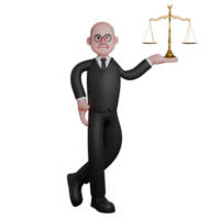 3D Judge. A male judge is seen standing with his left leg slightly bent backwards, while in the palm of his left hand there is a legal scale standing upright and while his right hand is on his waist. png