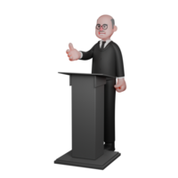 3D Law Character. A judge stands at a podium with his right hand stretched forward and giving a thumbs up, as if explaining something. Illustrated of a Male Judge png