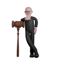 Professional Male in Law. a judge stands beside a large judge's hammer with both legs crossed and his right hand leaning on the hammer while holding his chin. 3D Judge Cartoon png