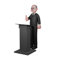 Male Judge in Court Setting. A male judge is seen standing behind the podium while his right hand gives a thumbs up. 3D Character png