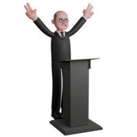 of 3D Male Judge. A judge stands behind the podium with both hands raised upwards while making a two-finger or peace symbol. Professional Cartoon png