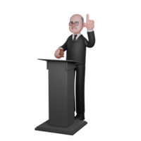 A male judge is seen standing behind the podium with his right hand holding a judge's hammer that looks like it is about to be tapped and his left hand is raised giving a finger gun symbol. png