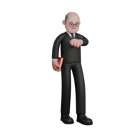 Cartoon Male Judge. a judge stands with his right hand holding a book while his left hand is in front of his chest, as if looking at a watch on his left hand. 3D Legal Professional png