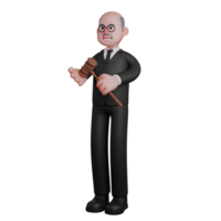 3D Male Judge Character. A male judge is seen standing with his left hand holding a judge's hammer that is being tapped on the palm of his right hand. Legal Professional png