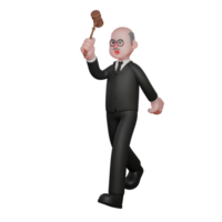 Illustrated of a Professional Judge. a judge walks with his right hand holding a judge's hammer raised upwards. 3D Male png
