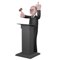 3D Male Judicial Character. A male judge is seen standing behind the podium with his left hand raised pointing upwards while his right hand holds the judge's gavel. Judge Professional png