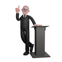 Male Judge. A male judge is seen standing with his legs crossed and his left hand on a podium located to his left and his right hand raised, pointing upwards. Judge 3D png