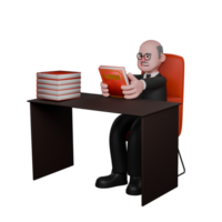 3D Judicial Judge Male. A male judge is seen sitting in his desk chair with several stacks of books on top of it, while in both hands he holds a red-covered book. png