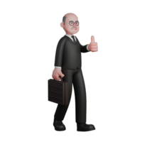 Male Judge in Judicial 3D. A judge walks with a briefcase in his hand while his left hand points his thumb. Professional png
