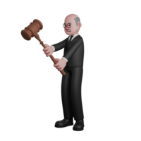 Male Judge 3D Professional. A male judge is seen standing with both hands holding a large judge's gavel. Judicial Cartoon png