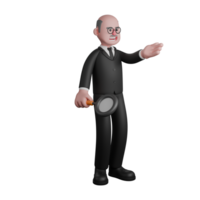 3D Professional Male Judge Character. A male judge is seen standing while extending his left palm forward and his right hand holding a magnifying glass. Judicial png