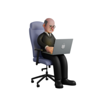 Male Judge in Judicial 3D. A male judge is seen sitting in a work chair while both hands are operating a laptop. Professional Character png
