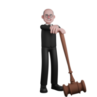 3D Male Judge in Judicial Profession. A male judge is seen standing with his arms crossed leaning on the end of a large judge's gavel. Illustrated png