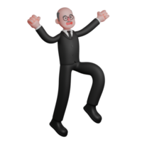 Animated Professional Judge. A male judge looks like he is jumping with his left leg slightly raised and both hands raised upwards, as if celebrating success. 3D Male png