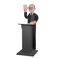 Male Judge in 3D. A judge stands behind a podium with his left hand raised while his right hand holds a book on the table. Professional Law png