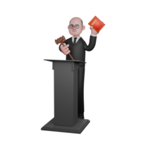 Male Judge Professionalism in 3D. A male judge is seen standing behind the podium with his left hand raised carrying a red-covered book while his right hand is carrying a judge's hammer. png