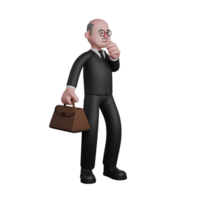 Judicial Judge 3D. A male judge is seen standing with his left hand clenched into a fist, raised in front of his mouth as if he is coughing and his right hand is carrying a red briefcase. Male png