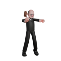 3D Cartoon Courtroom Judge. a judge stands with his right hand holding the judge's hammer and his left hand pointing forward. Justice Dispensing png