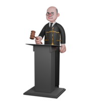 Male Judge 3D Cartoon. A male judge is seen standing behind a podium on which there is a legal scale and his right hand appears to be holding the judge's gavel which he is about to tap. Judicial png