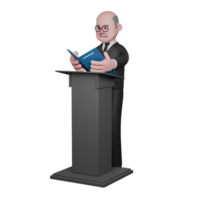 Male Judicial Professional in 3D. A male judge is seen standing behind the podium while reading from a book which he is holding in both hands. Judge Cartoon png