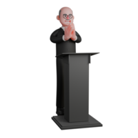 Judicial . A male judge is seen standing behind the podium with his hands showing a celebratory greeting or a symbol of forgiveness. 3D Male Judge png