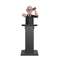 3D Male Judge. A male judge is seen standing with his left hand raised upwards carrying a judge's gavel while his right hand is straight in front. Professional Judicial Character png
