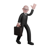 Judge's Daily Court in 3D. a judge walks with his right hand holding a briefcase while his left hand is raised, as if greeting. Male Cartoon png