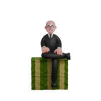 Professional Court Judge Character. a judge sits on a pile of money with his right foot on his left thigh, and both hands on his right foot. 3D Male Model png