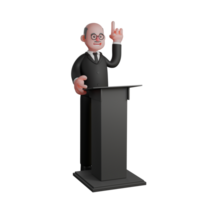 Courtroom Authority in 3D. a judge is standing behind the podium with his left hand pointing upwards. Cartoon Judge png