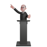 Judicial Male Judge. A judge stands behind a podium with his right hand pointing in one direction while his left hand is clenched. 3D Professional Character png
